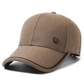 Men's casual brown canvas baseball cap with metallic 'M' shield logo on the side - Adjustable / Khaki