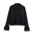 Damen Set aus schwarzer Strickjacke und Rock mit modischen langen Fransenverzierung - S / Tops