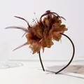 Elegant vintage brown feather fascinator with mesh lace flowers for parties - Coffee