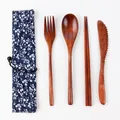 5-piece Japanese Nanmu wood cutlery set with floral cloth pouch and dark wood texture - No-Wrap Spoon Fork Knife Chopsticks + Morning Glory Bag