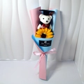 Graduation plush bear with sunflower bouquet in blue and pink wrapping paper - Pink + Sunflower