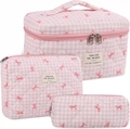 3-piece quilted cotton makeup bag set featuring pink white checkered patterns and bows - Pink Checkered Bow