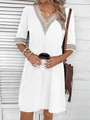 White V-neck mid-sleeve dress with lace trim and hollow-out detailing for casual wear - S / Bottoms / White