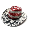 Top view of hand-painted US flag straw cowboy hat with red white stripes and wide brim - Striped Crown/Ink Splash Brim