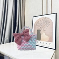 Pink and sky blue woven handbag with a large dark pink bow accent for beach vacations - Small (With Pink Bow) / Pale Blue