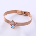 Pulsera de malla en oro rosa con dijes de Mano de Fátima y Ojo Turco con cristales - Rosa oro