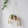 Handmade macrame wall hanging shelf with wooden beads, tassels, and a natural wood board - Wood Bead Tassel Style (m0742)