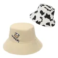 Women's summer cotton sun hat in light beige with cowgirl embroidery and cow print pattern - Beige Cow Embroidery