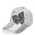 Breathable mesh baseball cap with silver sequins and a large black lace rhinestone bow - Adjustable / White