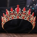 Baroque bridal crown in golden finish with large red gemstones and white crystals - KC Gold + Red Rhinestone