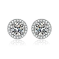 Detailed close-up of halo stud earrings with large round center stone and diamond accents - Round Zirconia Studs