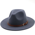 Detail of grey-blue wool felt fedora featuring a brown leather band and gold buckle - Dark Grey