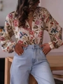 Bohemian floral print long sleeve shirt for women paired with light blue jeans - S / Cream Floral
