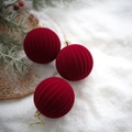 Three red velvet Christmas balls with ribbed texture and golden caps on white snow - Watermelon Ribbed Flocked Ball - Red (3Pcs)