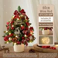 Mini 60cm tabletop Christmas tree with burgundy bows, red berries, and warm LED lights - 60CM Wine Red Iron Bucket Tree