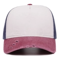 Detailed front view of a distressed washed denim baseball cap in color-block design - Adjustable / Burgundy