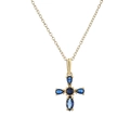 Collana croce dorata con pietre di zirconi blu su sfondo bianco - Blu