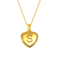 Golden heart pendant necklace featuring embossed letter S with beaded edge detail - Letter S Style (S-P151-S)