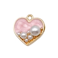 Pink heart pendant with gold frame, marble texture and white pearl bead accents - Pink Heart Pearl Pendant (19007) / 1 Piece/Pack (18x18mm)
