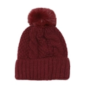 Dettaglio berretto bordeaux in maglia a trecce con pompon e bordo risvoltato a coste - M(56-58cm) / Borgogna
