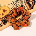 Orange Halloween scrunchie with pumpkin and bat prints on smooth satin fabric - No. 5 Large Scrunchie / Large Size