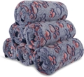Set of 6 dark grey coral fleece pet blankets with pink-orange paw prints stacked in a pyramid - Navy Paw Print