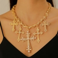 Golden chunky chain necklace featuring cross pendants with pearls and rhinestones - Antique Gold wg0149-Antique Gold Multi-Cross Pearl Rhinestone Necklace