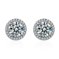 Detailed view of silver stud earrings with round main stone and pave-set zircons on white - Round Halo Stud Earrings (ED1)
