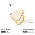 Gold plated stainless steel ring with white triangular shell inlay and wavy flower petal design - Triangle Curved Surface Style (NB-R24297)