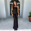 Abito lungo sexy in pizzo nero con scollo all'americana, motivo floreale e vestibilità slim - S / Nero