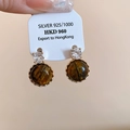 Tiger eye stone earrings in 925 sterling silver with round zircon accent detail - Zirconia Decorated Drop Earrings Style (6# Silver Needle-Gold-Coffee)