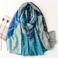 Dicker Baumwoll-Leinen-Schal mit geometrischem Blau-Muster und Goldfolientextur für Winter - Blau