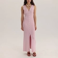 Slim fit light pink V-neck sleeveless knit maxi dress with button-up front and side slit - S / Pink