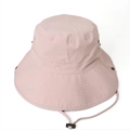 Detail view of pink sun hat with wide brim, reinforced stitching and adjustable wind cord - 59cm / Pink