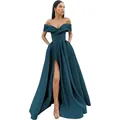 Off-shoulder dark emerald green satin evening gown with high slit and hidden pockets - US 2 / Malachite green