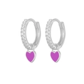 Silver-colored heart earrings with white crystals and purple enamel heart charms - White Gold Plated Purple