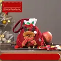 Red linen Christmas gift bag with reindeer pattern, fur trim, and jingle bell - White Trim Burlap Drawstring Bag Reindeer