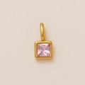 Square pink gemstone pendant in 18K gold plating hanging on a minimalist loop - October Birthstone Pendant / Gold