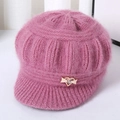 Pink winter knit hat for elderly women featuring warm fleece lining and gold metal heart - Dusty Pink