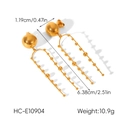 Detail view of gold stainless steel ball earrings with U-shaped beaded long tassels - Ball Stud Tassel Style (HC-E10904) / Gold