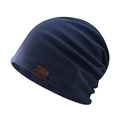 Gorro holgado de punto azul marino con parche de cuero F&S para hombre y mujer - Ajustable / Azul marino
