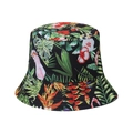 Detail des tropischen Regenwalddrucks mit Hibiskus und Papageien auf schwarzem Sonnenhut - Einheitsgröße (58cm) / Schwarz mit Tropischem Hibiskus Papagei (9)