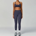 Ensemble de sport 2 pièces pour femmes avec brassière col V et legging taille haute bleu marine - S / Soutien-gorge+Leggings-Gris Bleu