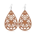 Detailed close-up of teardrop wooden earrings with laser-cut hollow floral patterns - #14 Teardrop Floral Hollow Style