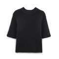 Plush black short sleeve knit top with decorative beadwork on collar and cuffs - S / Black
