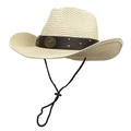 Unisex beige straw cowboy hat with vintage faux-leather band and adjustable chin strap - M (56-58cm) / Beige
