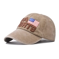 Detailed close-up of khaki cotton baseball cap featuring USA flag and 3D embroidery - Adjustable / Washed Khaki