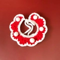 Detail of handmade red and white crochet pet collar with soft pom poms and knit texture - S / Red