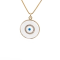 Gold plated Fatima Evil Eye pendant necklace with sparkling white cubic zirconia - Rhinestone Round Plate Evil Eye (A0471YS)