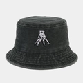 Close-up of distressed denim bucket hat with hand embroidery and stitched brim detail - M (56-58cm) / Army Green